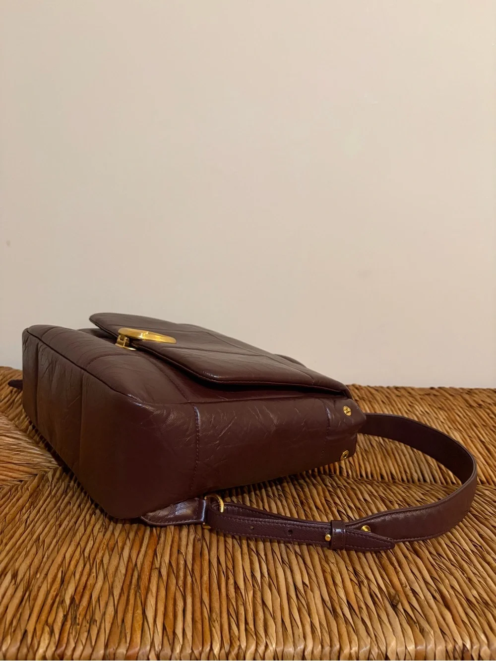 Songmont Chocolate Leather Quilted Top-Handle Bag with Gold Accent